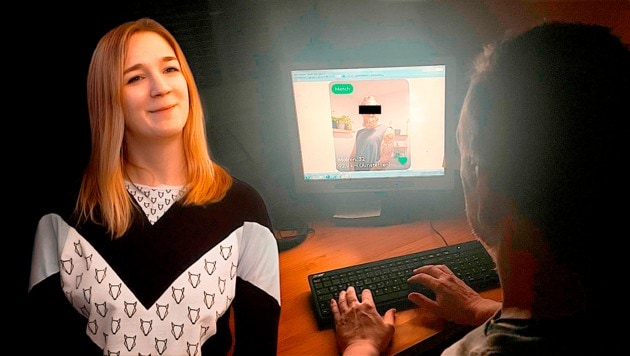 Helmut G. vor seinem Computer, er zeigt darauf das Profilbild, mit dem Clemens T. unter dem ...