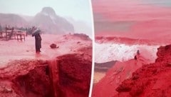 Heftiger Regen verwandelte Hormus‘ Küstenlinie in eine leuchtend rote Landschaft.
