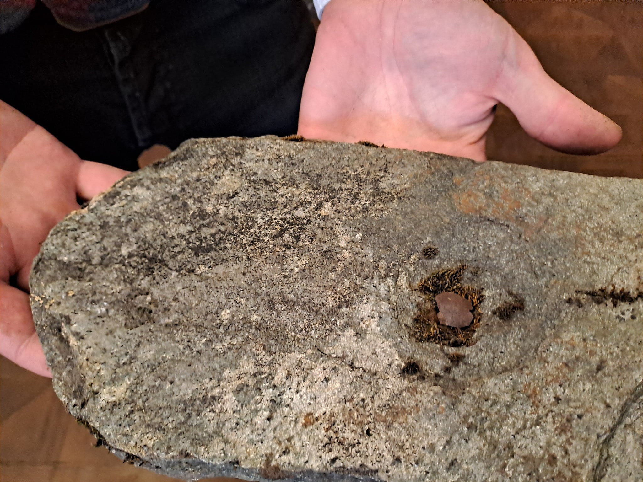 Altes Steinplattl mit rostigem Nagel.