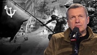 Krone KREATIV/Screenshot/youtube.com/Russian Media Monitor, AFP Der russische Moderator Wladimir Solowjow droht in seiner Sendung Österreich mit Krieg.