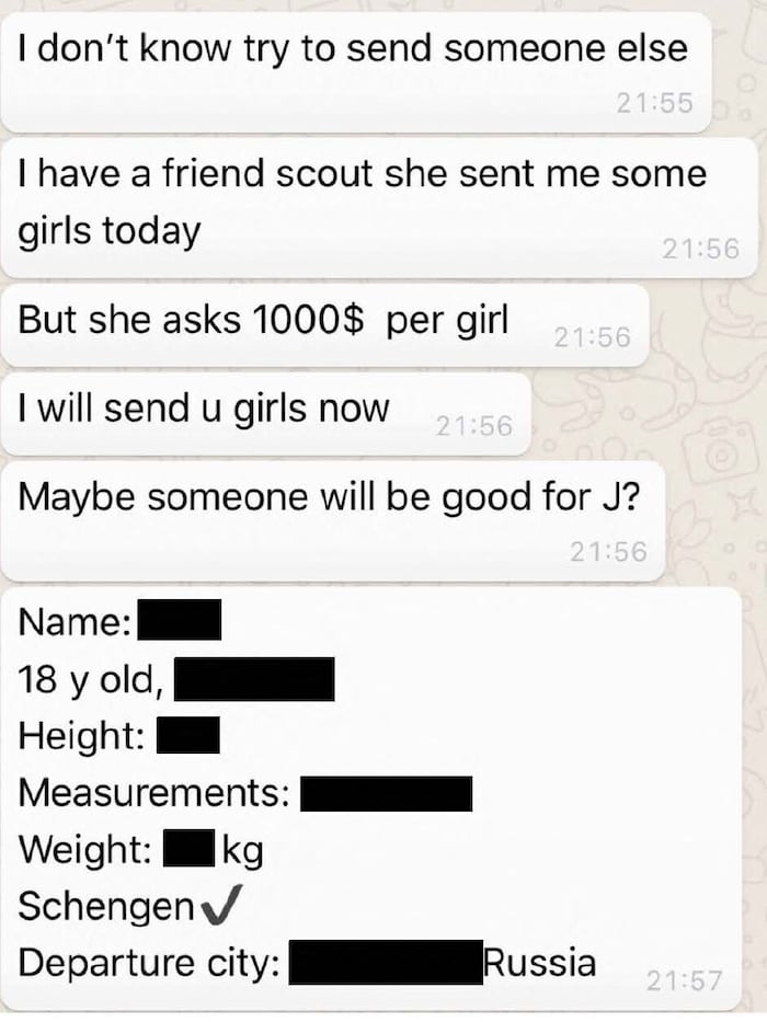 Im Chatverlauf wird eine junge Frau für 1000 Dollar angeboten.