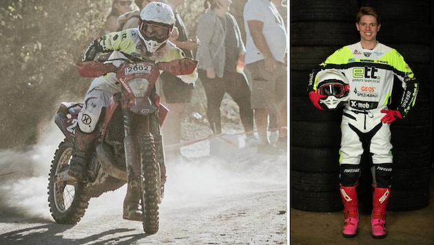 Dominic bei einem erfolgreichen Rennen und bei einem Fotoshooting für das Enduro Team Tirol.