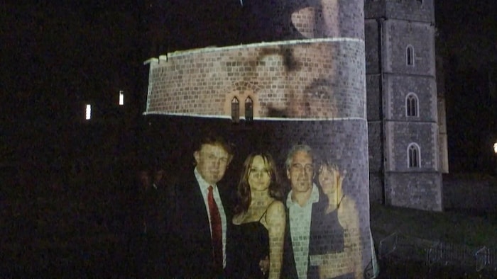 Das Bild von Donald Trump, seiner Ehefrau Melania, dem Sexualstraftäter Jeffrey Epstein und ...