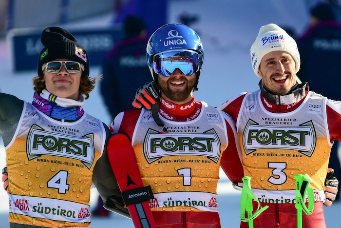 Lucas Pinheiro Braathen, Marco Schwarz und Stefan Brennsteiner (v.l.n.r.)