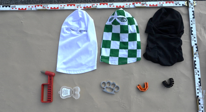 Seized material such as balaclavas and mouth guards