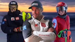 Katharina Liensberger, Vincent Kriechmayr und Cornelia Hütter (v.l.n.r.) freuen sich, ihre Skier ...