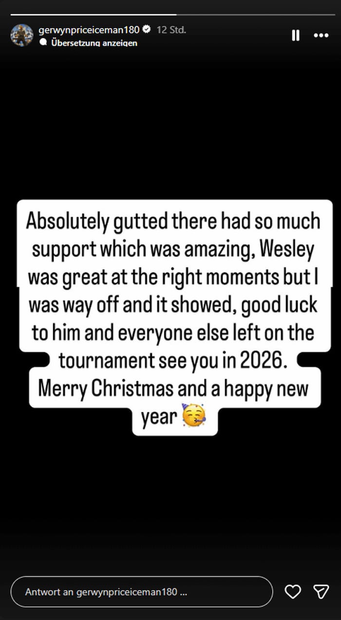 Via Instagram-Story äußerte sich Gerwyn Price so seiner überraschenden Niederlage.