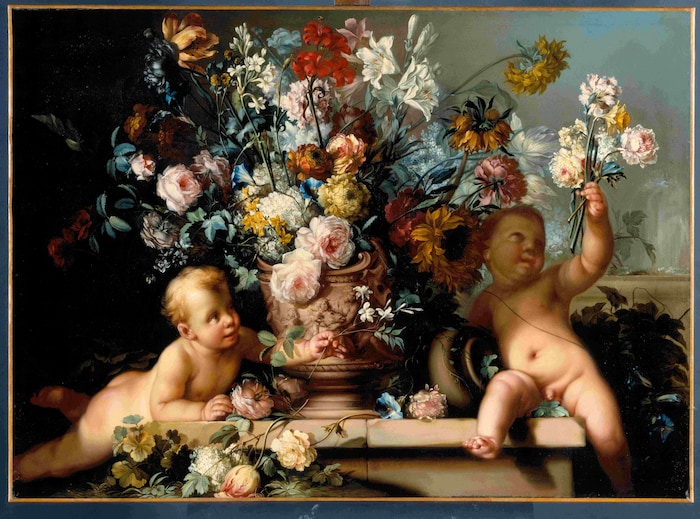 Ignaz Stern, Blumen in Vase mit zwei Putten, Leihgabe aus der Residenzgalerie Salzburg.