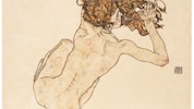 Egon Schiele, Kauernder Rückenakt, 1917, Gouache und schwarze Kreide auf Papier, erzielter ...