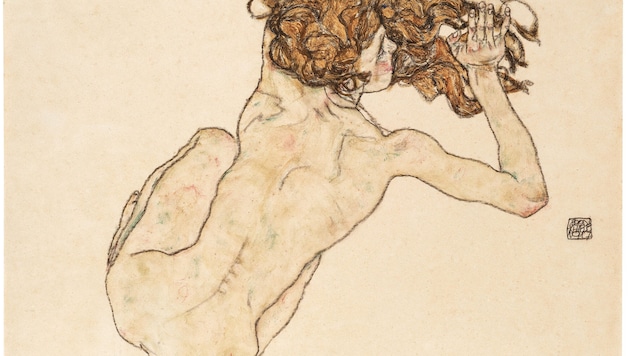 Egon Schiele, Kauernder Rückenakt, 1917, Gouache und schwarze Kreide auf Papier, erzielter ...