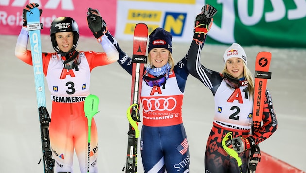 Mikaela Shiffrin (middle) won in Semmering, ahead of Switzerland's Camille Rast (left) and Lara ...