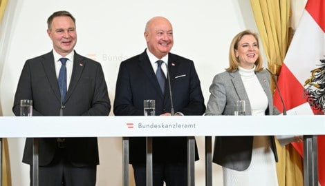 Die heimische Regierungsspitze (Andreas Babler, Christian Stocker und Beate Meinl-Reisinger) ...