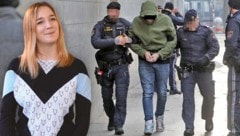 Clemens T., flankiert von Justizwachebeamten, am Weg zum Tatort.