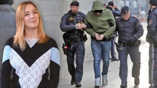 Clemens T., flankiert von Justizwachebeamten, am Weg zum Tatort.