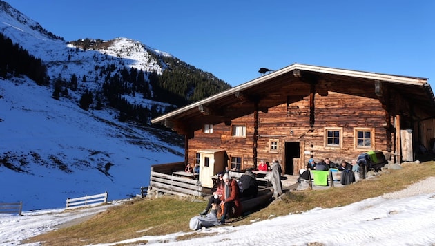 Viel Schnee liegt dieser Tage nicht rund um die Alm. Ein Sonnenbad geht sich an schönen Tagen ...