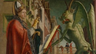 Der Teufel hält dem hl. Augustinus das Buch der Laster vor (Bildausschnitt aus Michael Pachers ...