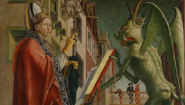 Der Teufel hält dem hl. Augustinus das Buch der Laster vor (Bildausschnitt aus Michael Pachers ...