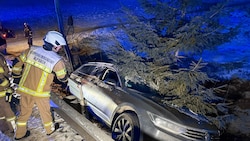 Nur ein Baum stoppte den Pkw: Das Fahrzeug blieb nach dem Unfall kurz vor einem Bach hängen.