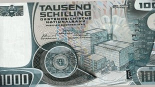 Entwurf (Foto-Montage) des geplanten 1000-Schilling- Scheins mit dem AKW Zwentendorf auf der ...