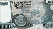 Entwurf (Foto-Montage) des geplanten 1000-Schilling- Scheins mit dem AKW Zwentendorf auf der ...