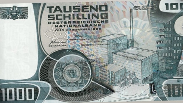 Entwurf (Foto-Montage) des geplanten 1000-Schilling- Scheins mit dem AKW Zwentendorf auf der ...