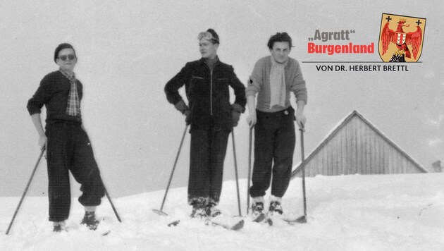 Skifahrer am Bergkammweg um 1955 in Rudersdorf.