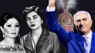 Links: Farah Diba, Mitte: Soraya, rechts: Farah Dibas Sohn Reza Pahlavi. Dahinter: die Krone der ...