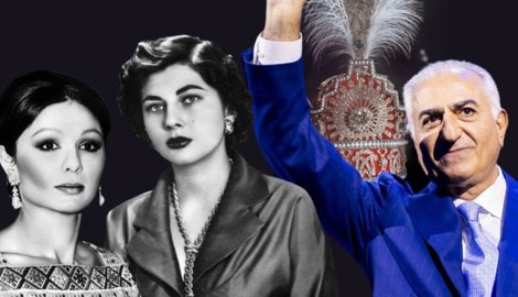 Links: Farah Diba, Mitte: Soraya, rechts: Farah Dibas Sohn Reza Pahlavi. Dahinter: die Krone der ...