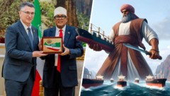 Propaganda des Huthi-Regimes im Nordjemen mit Allmachtsfantasien am „Tor der Tränen“ (re.). Auch ...