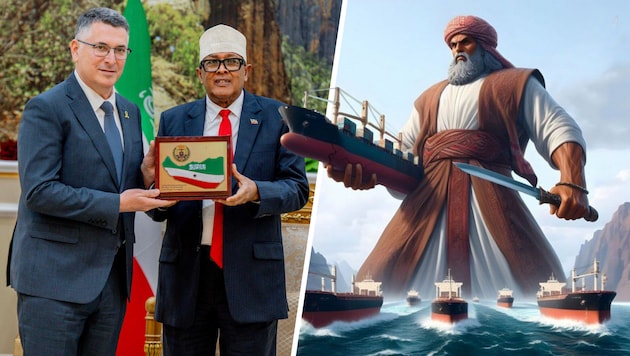 Propaganda des Huthi-Regimes im Nordjemen mit Allmachtsfantasien am „Tor der Tränen“ (re.). Auch ...