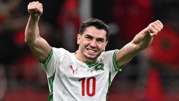 Morocco star Brahim Díaz celebrates reaching the semifinals of the Africa Cup of Nations.