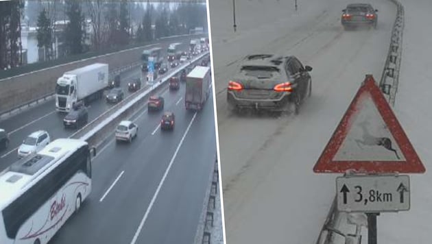 Dichter Verkehr schon in der Früh beim Grenzübergang Kufstein Kiefersfelden (links). Am ...