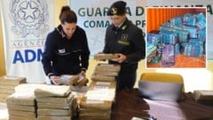 Finanzbeamte bauen den sichergestellten Berg von Drogen (mehr als 2100 Blöcke Kokain) für ...