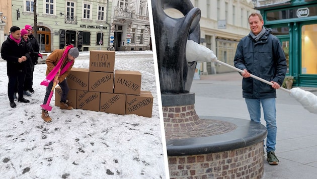Mit Vorschlaghammer und Wattestäbchen waren NEOS und KPÖ unterwegs.