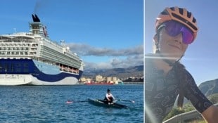 In der Nähe des Hafens rudert Lobnig direkt neben den großen Kreuzfahrtschiffen. 