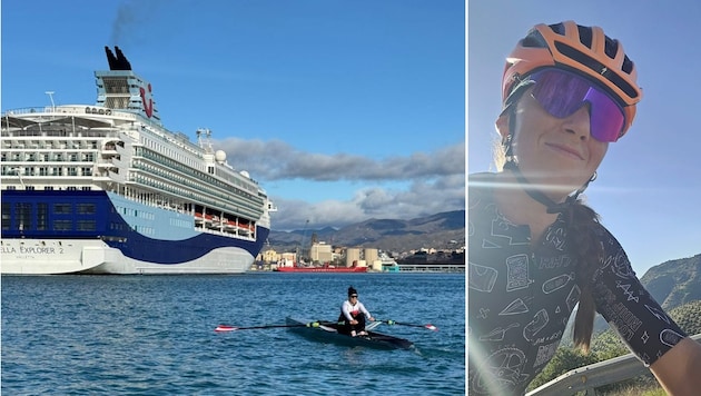 In der Nähe des Hafens rudert Lobnig direkt neben den großen Kreuzfahrtschiffen.