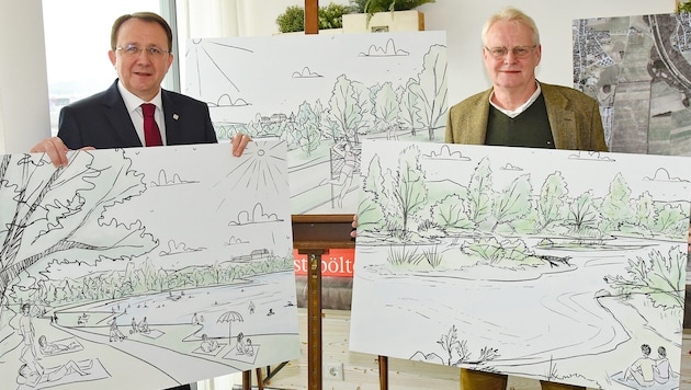 Bürgermeister Matthias Stadler und Hydrologe Hannes Gabriel (re.) präsentierten den aktuellen ...