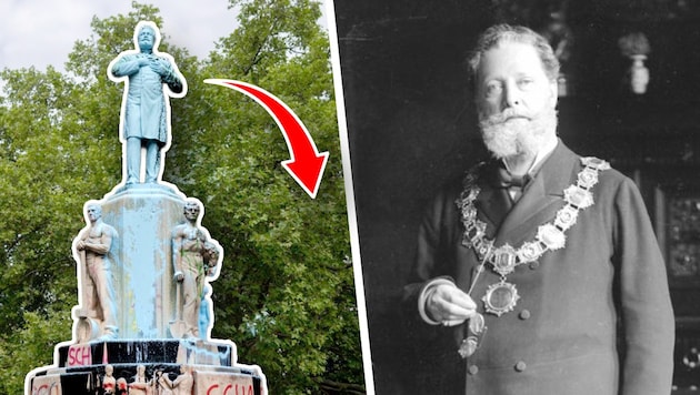 Links: Das Lueger-Denkmal,, rechts: Bürgermeister Dr. Karl Lueger