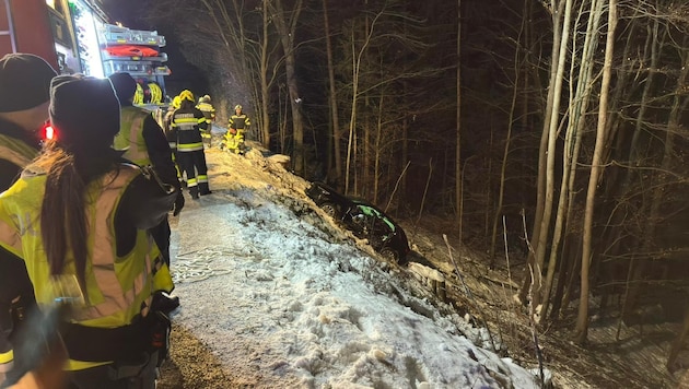 Die Feuerwehr hievte den Pkw mittels Seilwinde zurück auf die Straße.