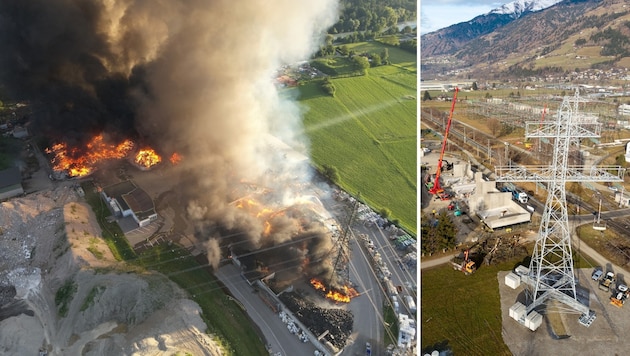 Das enorme Feuer im Sommer (li.) zerstörte zwei Strommasten. Diese wurden nun erneuert bzw. eine ...