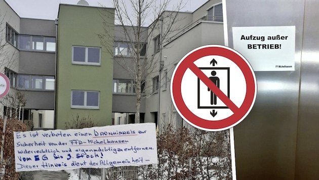 Das „Corpus delicti“ mit Dauerbeklebung: Einer von drei Aufzügen einer Wohnanlage entwickelte ...