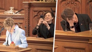 Vorne redet Ingrid Korosec über die Teuerung, hinten blödelt eine SPÖ-Gemeinderätin umher. Bei ...