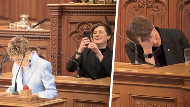 Vorne redet Ingrid Korosec über die Teuerung, hinten blödelt eine SPÖ-Gemeinderätin umher. Bei ...