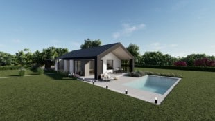 So sieht der Bungalow in Fertig-Ziegel-Bauweise aus. Flach-, Walm- oder Satteldach sind möglich.