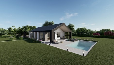 So sieht der Bungalow in Fertig-Ziegel-Bauweise aus. Flach-, Walm- oder Satteldach sind möglich.