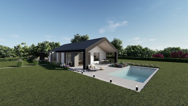 So sieht der Bungalow in Fertig-Ziegel- bauweise aus. Flach-, Walm- oder Satteldach sind ...