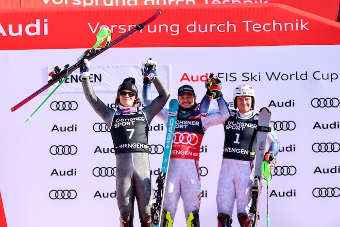 Lucas Pinhiero Braathen, Atle Lie McGrrath, and Henrik Kristoffersen (from left to right)