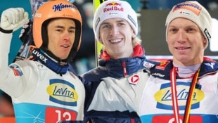 Stefan Kraft, Daniel Tschofenig und Jan Hörl (von links) fliegen am Kulm – Sie können als VIP ...