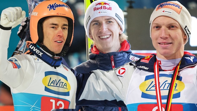 Stefan Kraft, Daniel Tschofenig und Jan Hörl (von links) fliegen am Kulm – Sie können als VIP ...