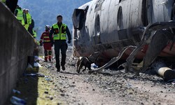Einsatzkräfte suchen mit Hunden nach weiteren Personen, die bei dem Zugunfall verunglückten.